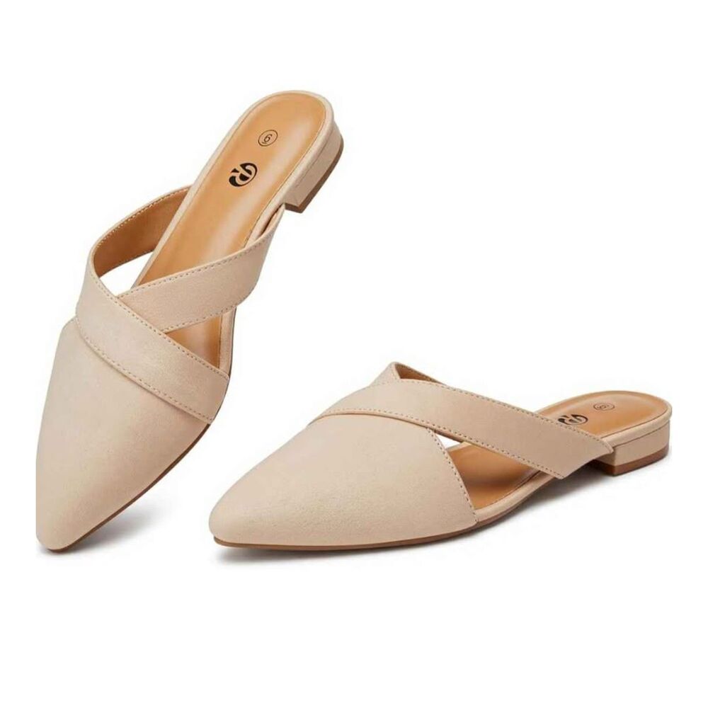 Women’s Mules Closed Pointed Toe Backless Loafer Shoes. NUDE, size 10 - NEW